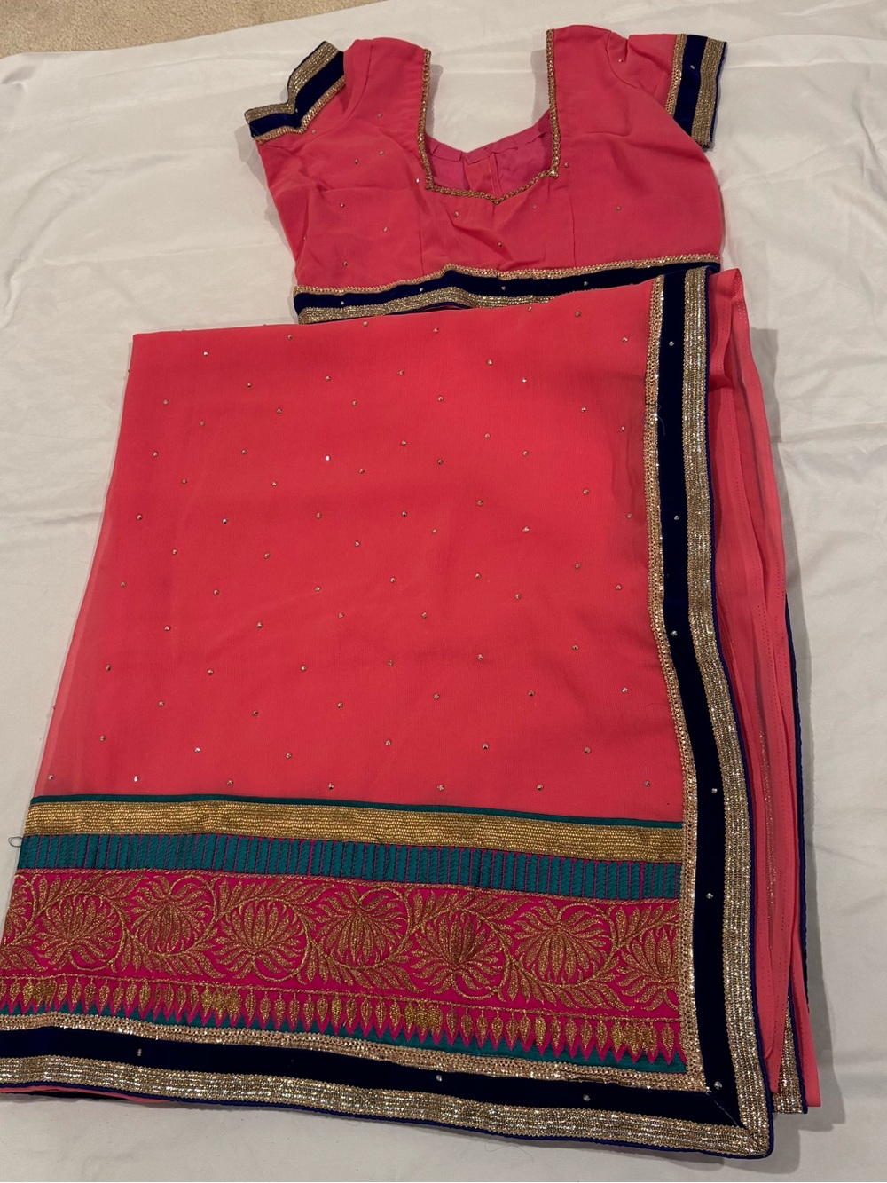 Indian Coral-Pink Sari with Gold & purple Trim